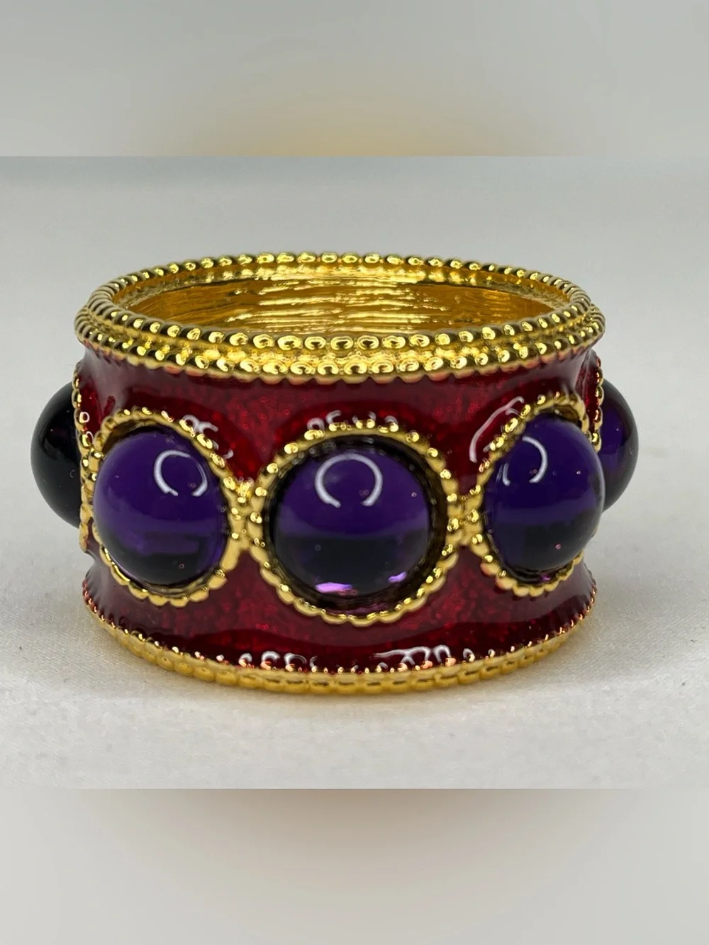 Vintage Luxury Hand Enameled Napkin Rings By Mike+Ally-Gold With Stones